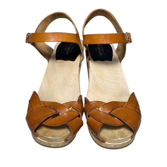 Swedish Hasbeens Kringlan Wood Clogs Heels Tan Woven Leather Sandals EU 39 US 9 - Picture 7 of 13